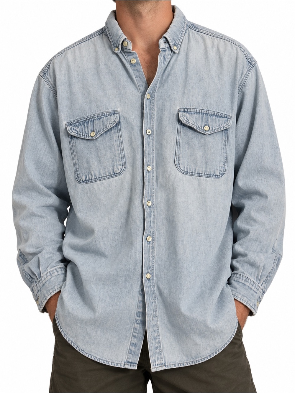 Vintage Woolrich XL Light Wash Denim Button Down USA Cotton Workwear Gorpcore